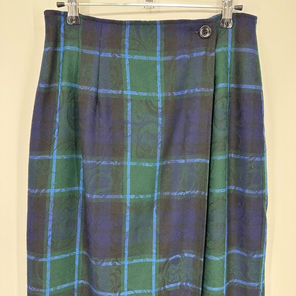 Pendleton Plaid Wool Maxi Wrap Skirt 8 Embossed Paisley Blackwatch Blue Green - Picture 5 of 11